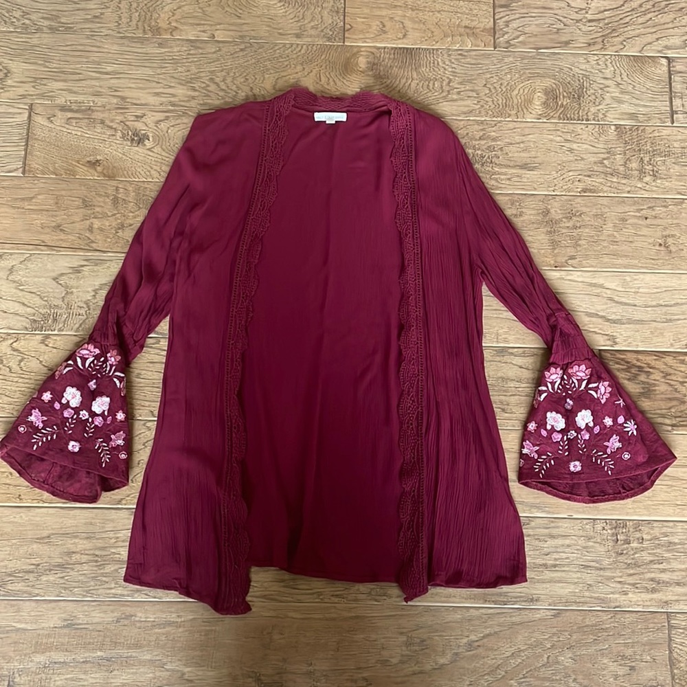 Coco + Jaimeson Maroon Cardigan with Bell Embroidered Sleeves Size Small